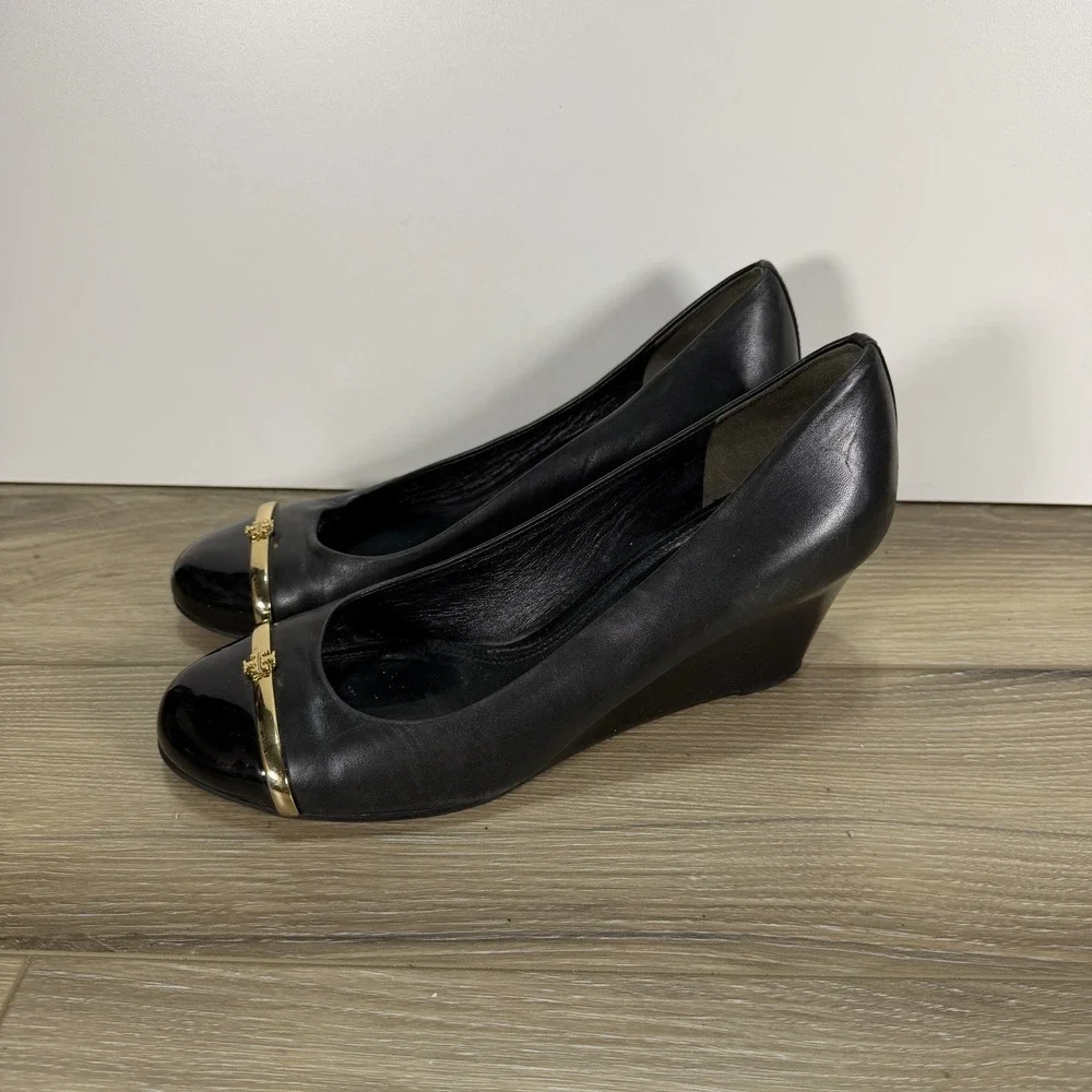 Tory Burch Pacey Women's Black Leather Cap Toe Wedge Pumps Size 9M